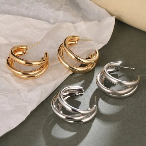 New 14K Gold Triple Round Hoop Earrings - Picture 1 of 16